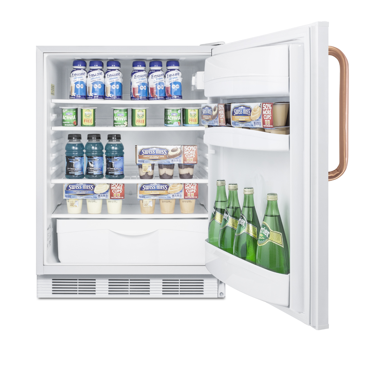 ADA compliant commercial all-refrigerator for built-in general purpose use, with pure copper handle, lock, automatic defrost operation, and white exterior